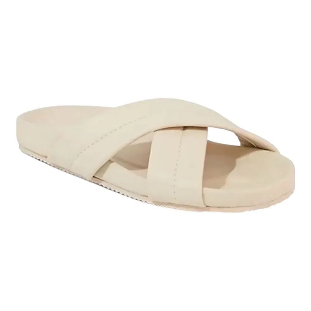 Alfani Womens Natural Pool Slide Sandals Faux Leather XL Beige Criss Cross NWD